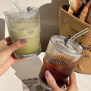 Glass Water Tumbler with Straw and Lid Sealed Carry On Thick Wall Iced Coffee Cup Glass Cup for Water