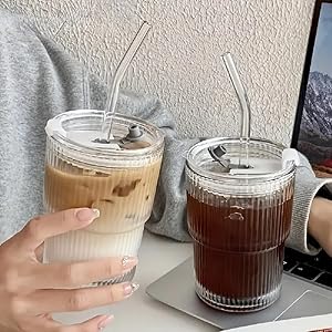 Glass Water Tumbler with Straw and Lid Sealed Carry On Thick Wall Iced Coffee Cup Glass Cup for Water