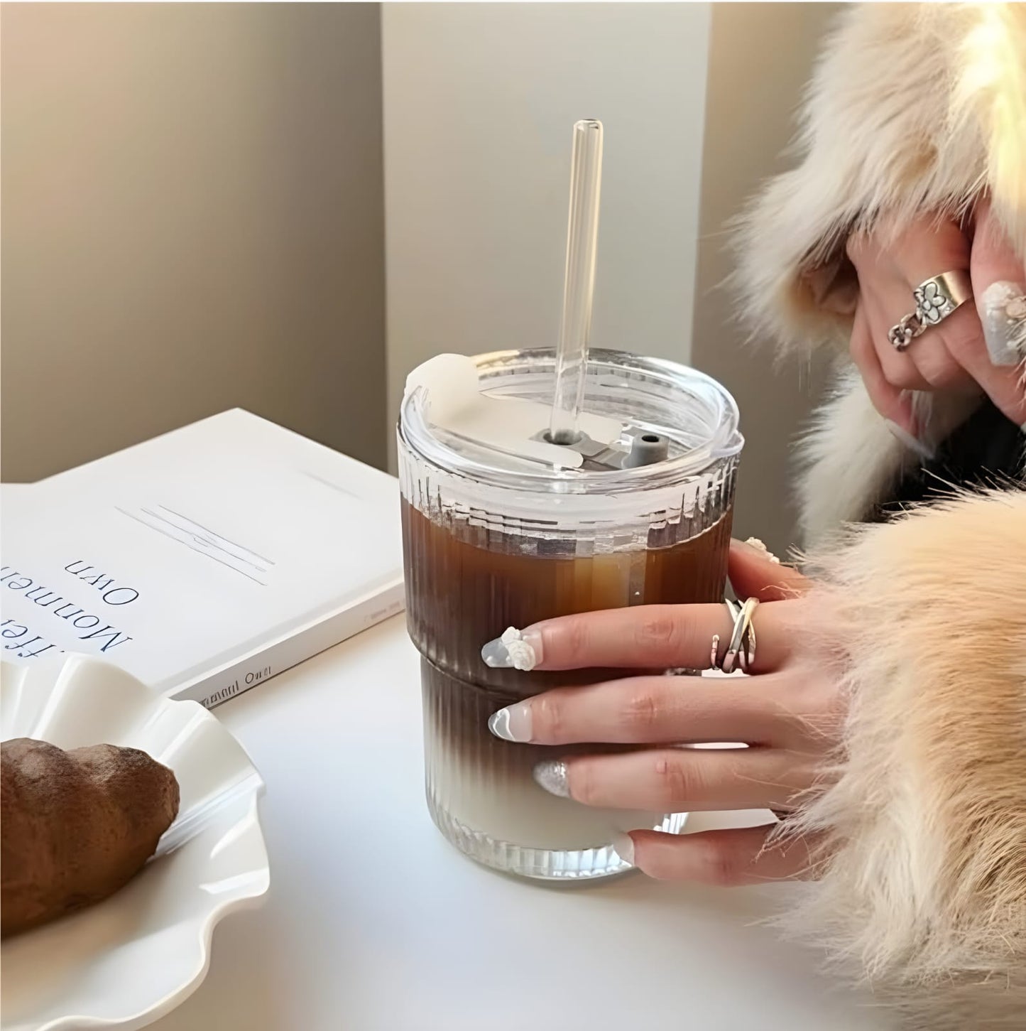 Glass Water Tumbler with Straw and Lid Sealed Carry On Thick Wall Iced Coffee Cup Glass Cup for Water
