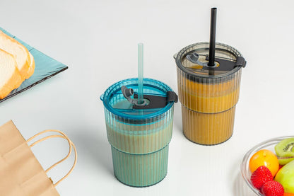 Glass Water Tumbler with Straw and Lid Sealed Carry On Thick Wall Iced Coffee Cup Glass Cup for Water